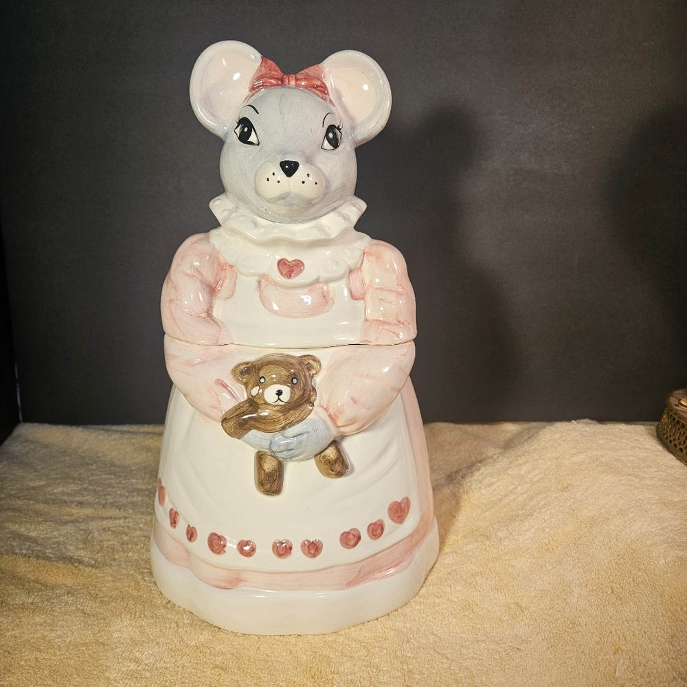 Vintage 1990 House of Lloyd Melinda Mouse Cookie Jar with Teddy Bear - 13” Large
